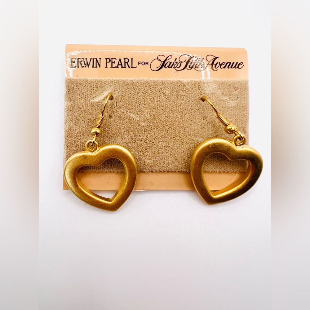 Vintage Erwin Pearl Gold Tone Heart Dangle Earrings Old Stock